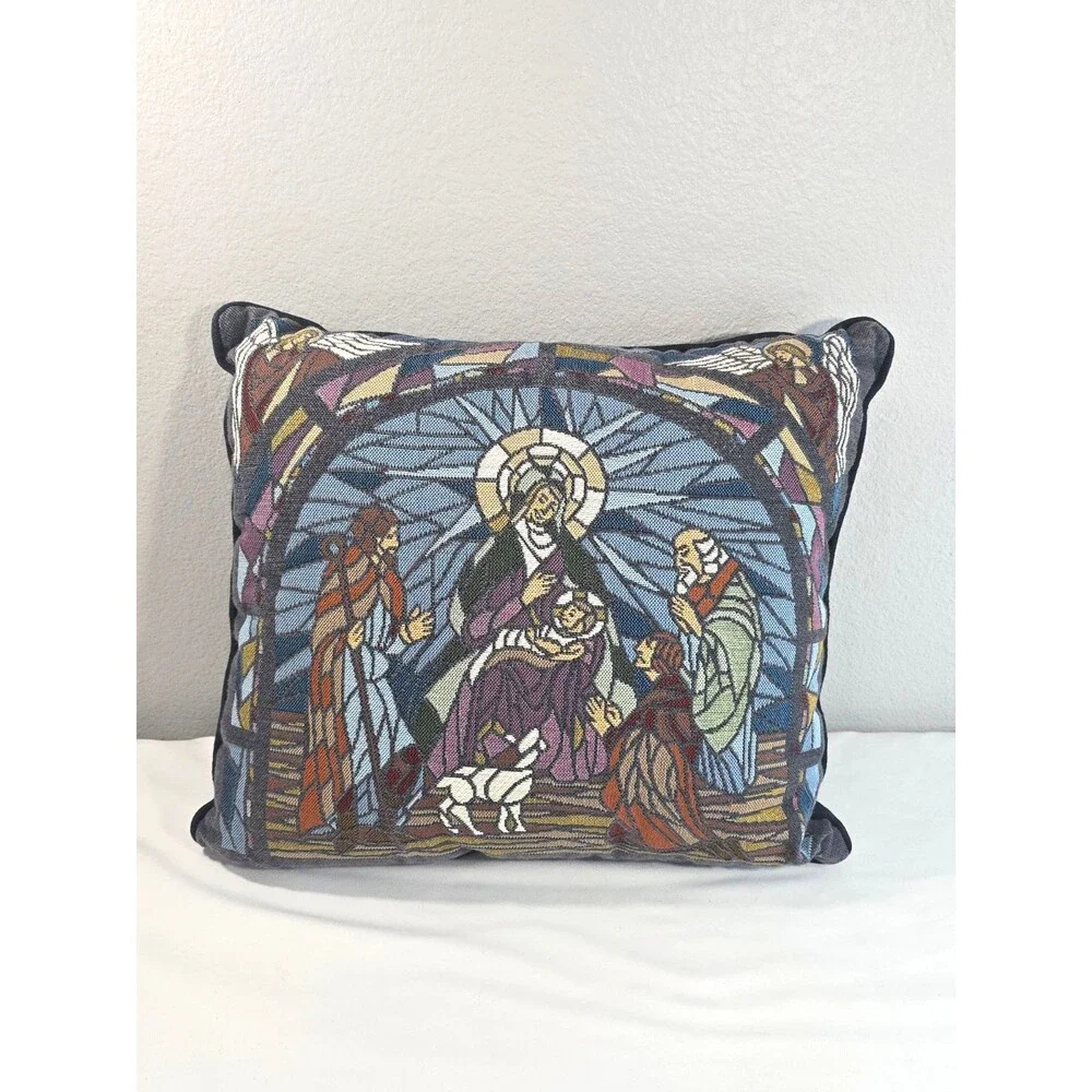 Nativity Scene Throw Pillow Stained Glass Joseph Mary Jesus Wise Men Needlepoint